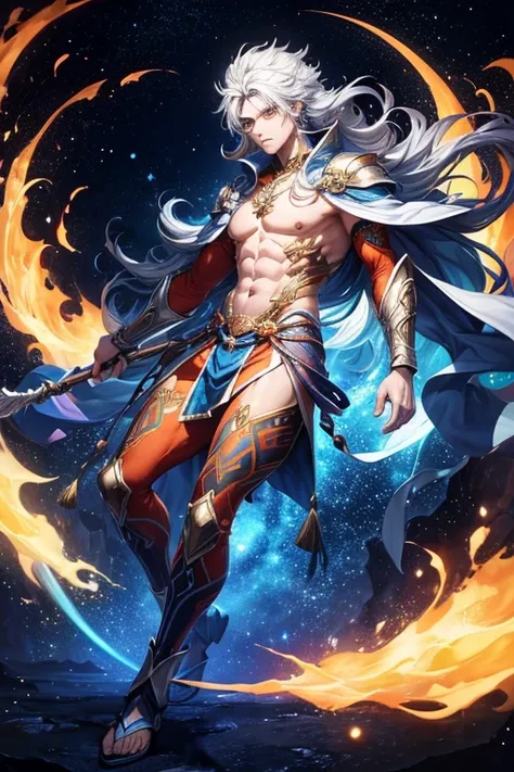 niji mode, a warrior bear god, full body, using a long spear, a modern and stylish fine suit, vibrant and bright cosmos, hairy young man, with ethereal and devilish demeanor, his features bathed in lunar glow.  His skin, orange and navy blue, reflecting li...