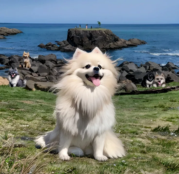 A fifty-year-old dog sitting on the grass with rocks in the background, Pomeranian, Japanese Dog, Hall々Take a pose, Pomeranian mix, fluffy, sitting cutely on a mountain, enjoying the wind, Sitting on a rock, In a beautiful background, shikamimi, Shot on So...