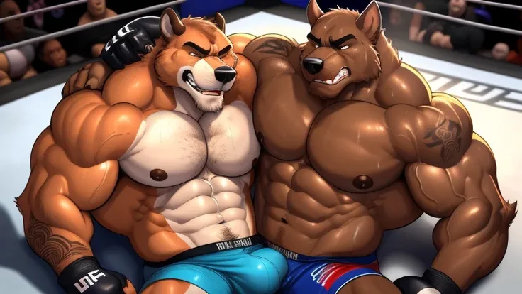 Duo male(Brown dog vs Brown dog, handsomes, Thick eyebrows), gay(Lying down, body on body, cuddling embraced from behind, Body frottage, face to face, on a UFC match), hot(Shirtless), handsomes(They are handsomes, correct anatomy), musculosos(Big muscle bo...