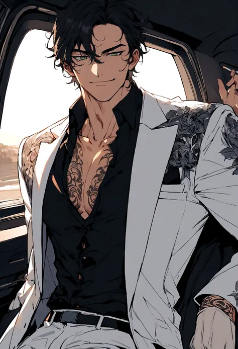 The image portrays an anime-style male character with a confident and relaxed demeanor, lounging in what appears to be a car. He has tousled black hair, green eyes, and an alluring, slightly smirking expression. He is dressed in a stylish outfit consisting...