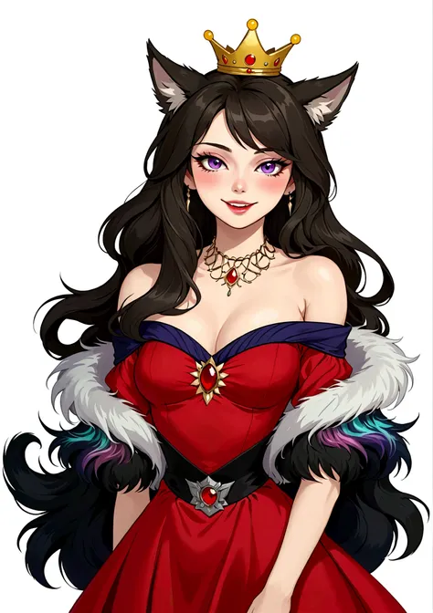 Red wolf smiles，Fangs，Purple Eyeshadow，Black long hair，Cat ears，Small Crown，Red off-shoulder dress，Fur collar shawl，wave，Slender neck