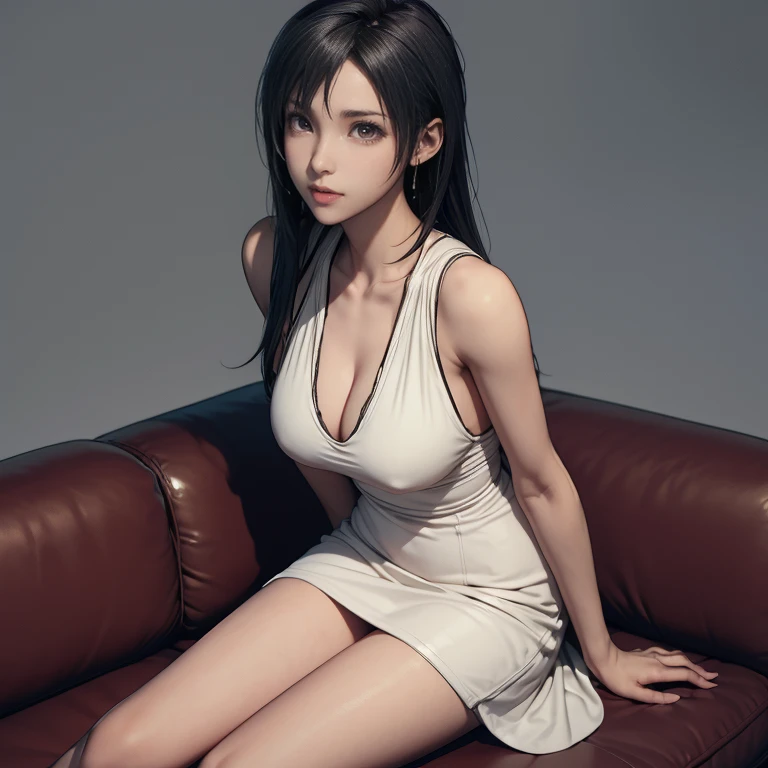 One girl,Tifa Lockhart,Beautifully detailed eyes、Cowboy shot,white one piece dress ,Simple Background、Gray background、Cinematic lighting、sitting a couch,from above,facing away