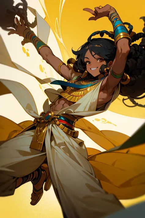 anime art style, black boy, dressed in egyptian clothes, clothes open exposing his arms and msucles, extrovert, longish hair, curlier hair, dreadlocks, resembles god Rah, halfbody, from egypt, smiley face, egyptian tattoos