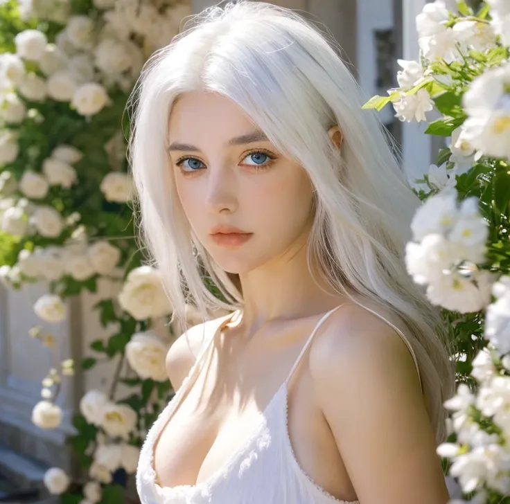 Beautiful girl, blue eyes, white hair, detailed facial traits, white greek female dress, flower wreath, naked breasts, greek architectural buildings