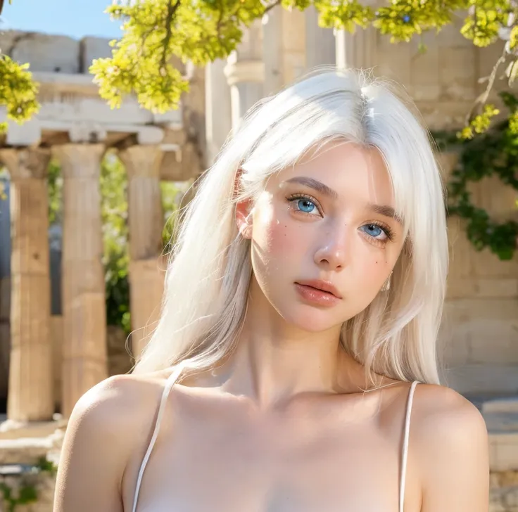 beautiful girl, blue eyes, white hair, detailed facial traits, white greek female dress, flower wreath, naked breasts, greek arc...