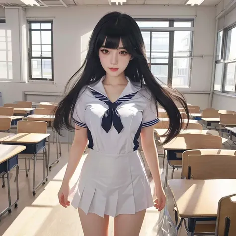 beautiful girl in a  standing in a classroom, beautiful high school girl, a hyperrealistic , standing in class, visual of a cute girl, realistic , hyperrealistic , official artwork, best girl, sui ishida with black hair, high detailed official artwork, sak...