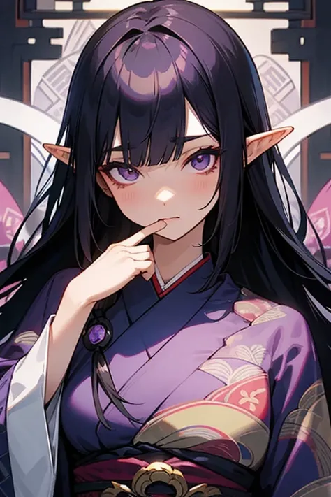 Elven sister。Black Bob、Only the hair on the back of the neck is long。She is wearing a beautiful, ornately patterned dress made from Japanese kimono fabric.。The long, narrow eyes are purple.。