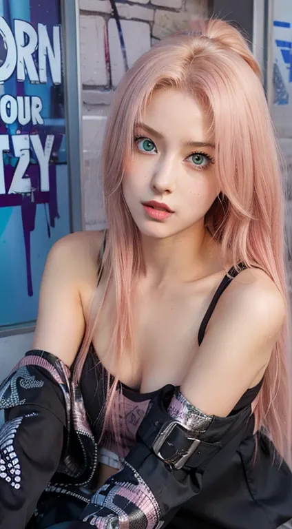 young woman, short shoulder-length pink hair, wide forehead, porcelain skin, pink eyebrows, big emerald green eyes, buttoned nose, full lips, heart-shaped face, slender body, small breasts, red tank top, Sakura Haruno , realistic, realism, details, 3d, wel...