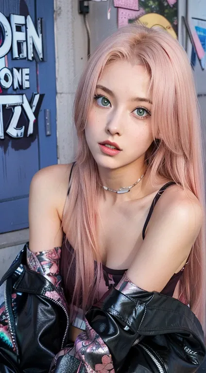 young woman, short shoulder-length pink hair, wide forehead, porcelain skin, pink eyebrows, big emerald green eyes, buttoned nose, full lips, heart-shaped face, slender body, small breasts, red tank top, Sakura Haruno , realistic, realism, details, 3d, wel...