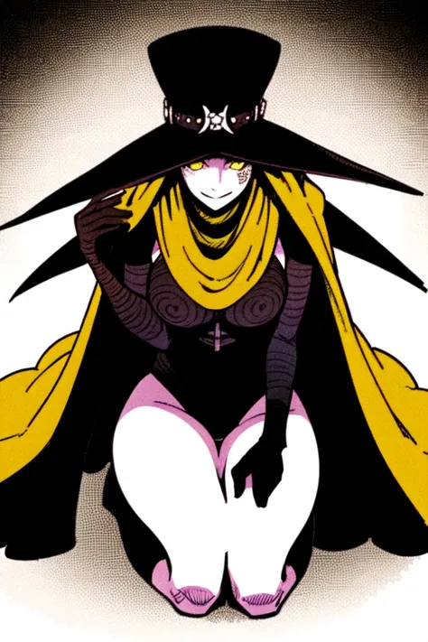 Scathach, solo, girl1, shin megami tensei, cape hat, cape, gloves, socks, white skin, yellow eyes, sitting, black shirt, smile, (best quality, masterpiece) 