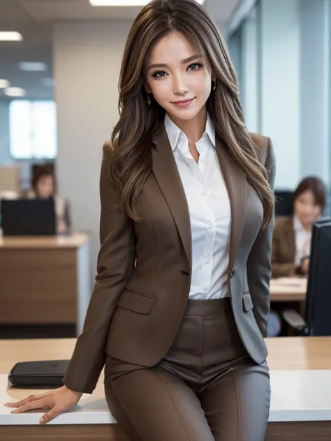 Tabletop, highest quality, Realistic, Very detailed, finely, High resolution, 8k wallpaper, 1. Beautiful woman,, Light brown messy hair, Wearing a business suit, Sharp focus, Perfect dynamic composition, finelyて美しい目, Thin Hair, Detailed and Realistic skin ...