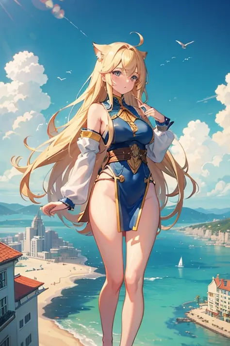 from birds view pov looking at the horizon where a gigantic blonde barefoot giantess girl walks towards a tiny city, her is bigger than a cat, horizon curvature, anime, woman