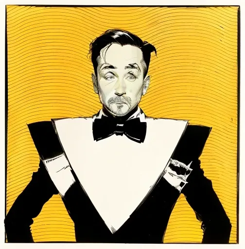 there is a drawing of a man in a tuxedo with a bow tie, inspired by Allen Jones, by Allen Jones, tuxedo, portrait of tintin, john waters, wearing a tuxedo, wearing tuxedo, portrait of pee-wee herman, by Harry Beckhoff, pulp character portrait, by tom purvi...