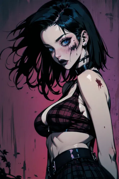 a woman with short black hair, hair on shoulders, wearing a black cropped and plaid skirt, blue eyes, zombie art, gothic art, cute aesthetic with vibe, toon aesthetic, wearing red costume, wearing gothic accessories, look like Cassie Hack, upper body, back...