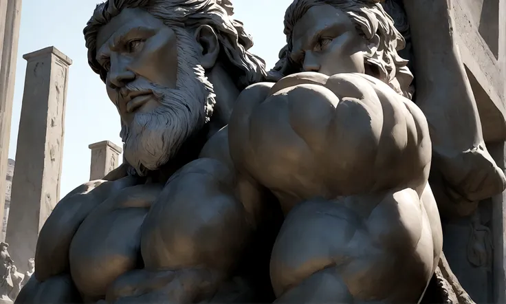 Stoic statue with muscles and beard 