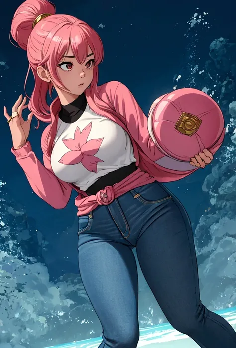 pretty , kiruko tengoku daimakyou, wrestlering ring background,  tight jeans , thicc thighs  ,