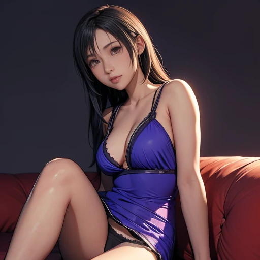 One girl,Tifa Lockhart,Beautifully detailed eyes、Cowboy shot,purple one piece dress , (show her panties:1.3),Simple Background、Gray background、Cinematic lighting、sitting a couch,(blush:1.3), ((Gazing at Something Off-Frame)),