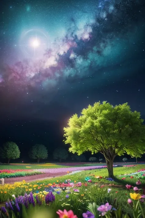 masterpiece, 最high quality, high quality, Very detailed cg unity 8k wallpaper, With vibrant colors and a bright night sky、an extremely colorful and pure fantasy environment, Star-filled sky, Bright green grass landscape, colorful trees々, Shining Fruit, Bri...