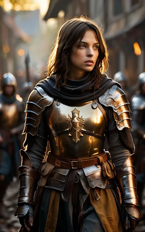 as the sun began to set, the warm golden color of the sun shone on his clothes, joan of arc with dark brown hair in armor leadin...