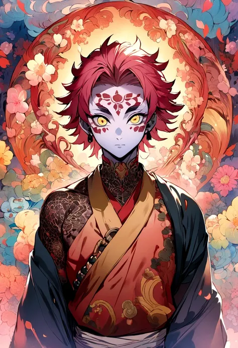 (best quality, high quality:1.4), masterpiece, super fine illustration, absurdres, ultra-detailed, ultra detailed background, highres, solo, 1boy, male focus, tattoo, red hair, colored skin, pink hair, yellow eyes, short hair, facial mark, akaza kimetsu