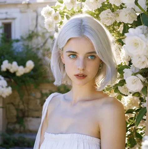 Beautiful girl, blue eyes, white hair, detailed facial traits, white greek female dress, flower wreath, naked breasts, greek architectural buildings