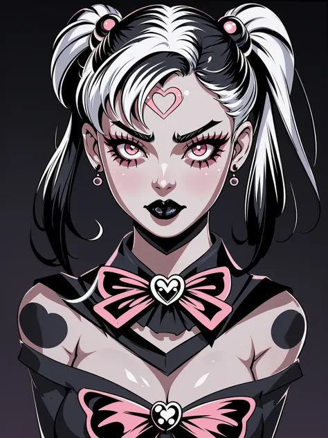 masterpiece, best quality, 1girl, gothic, black lips, solo, black hair, makeup, twin tails, hair buns, (sailor moon), half-cycle...