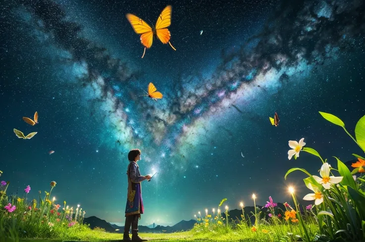 masterpiece, 最high quality, high quality, Very detailed cg unity 8k wallpaper, With vibrant colors and a bright night sky、an extremely colorful and pure fantasy environment, Star-filled sky, Bright green grass landscape, colorful trees々, Shining Fruit, Bri...