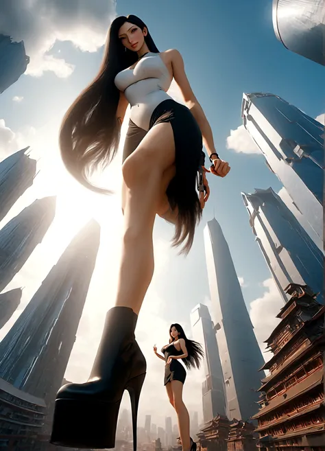 aerial view,tifa,giant girl 50 feet high，skyscrapers,looming,Have a pair of ultra long legs,((Small men under her feet)),a pair of huge breasts，black long hair，Wearing a pair of Mary Jane heels，standing in Shanghai，Beautiful appearance，Exquisite makeup，qua...