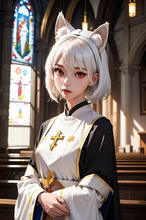 (masterpiece, highest quality), One cute girl、Clergy women、White ceremonial clothing:1.5、Church Sisters、White Hair、Red eyes、Fox Ears、Fox&#39;s Tail、