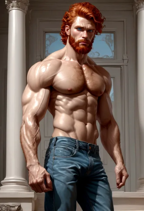 full body, oil painting A young man, white skin, ginger, bearded, hairy body, thin face, straight nose, thin lips, square chin, large light blue eyes, short red wavy hair, in roberto ferri style, aesthetic slim athletic body, ginger realistic skin, gorgeou...