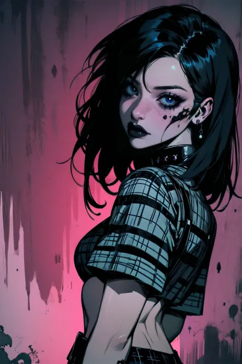 a woman with short black hair, hair on shoulders, wearing a black cropped and plaid skirt, blue eyes, zombie art, gothic art, cu...