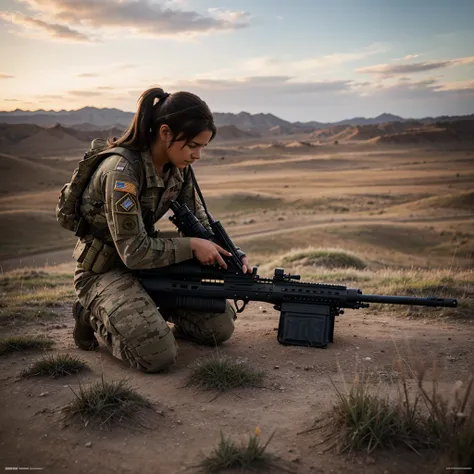 a female soldier kneeling on the ground in a battlefield, in her hands she holds a precision rifle, magnificent scene, beautiful, quality realistic