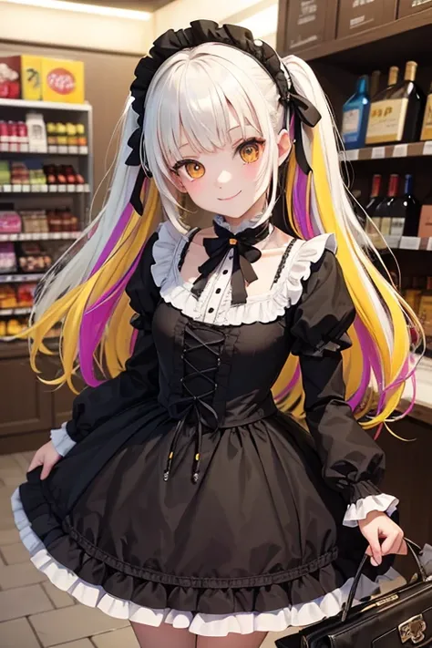 masterpiece, highest quality, One girl, alone, Gothic Lolita Fashion, Put your arms behind your back,Inside a convenience store, View Viewer, knife, Tilt your head, smile, Multicolored Hair, Yellow Eyes, 