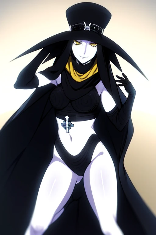 Scathach, solo, girl1, shin megami tensei, hat, cape, gloves, white skin, yellow eyes, flowing, black shirt, smile, (best quality, masterpiece) 