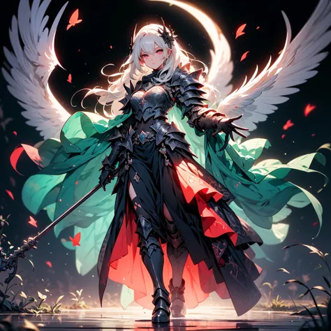 ((full body shot)) of a girl in detailed black gothic battle armor, standing in a completely dark environment. She has long white hair and glowing red eyes, with black angel wings, tattoos, and piercings. Her battle armor is intricately designed, revealing...