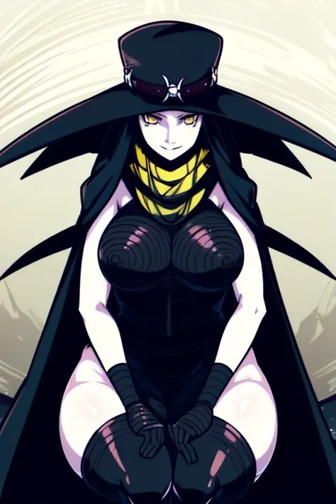 Scathach, solo, girl1, shin megami tensei, hat, cape, gloves, white skin, yellow eyes, sitting, flowing, black shirt, smile, (best quality, masterpiece) 