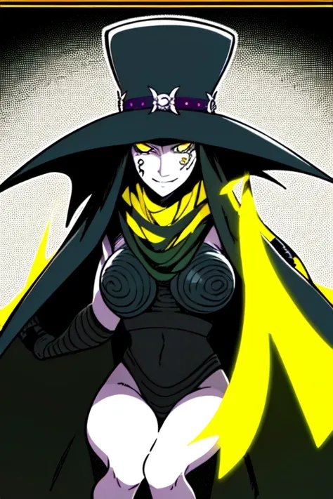 Scathach, solo, girl1, shin megami tensei, hat, cape, gloves, white skin, yellow eyes, flowing, black shirt, smile, (best quality, masterpiece) 