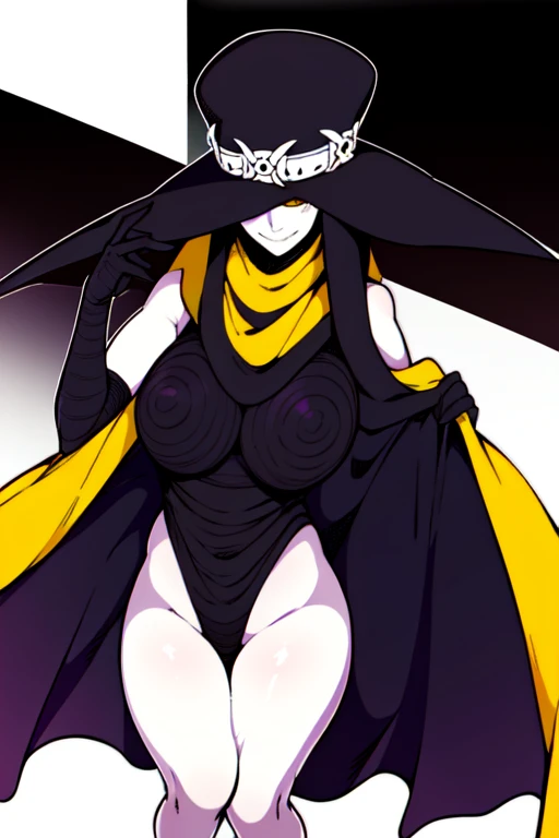 Scathach, solo, girl1, shin megami tensei, hat, cape, gloves, white skin, yellow eyes, flowing, sitting, black shirt, smile, (best quality, masterpiece) 