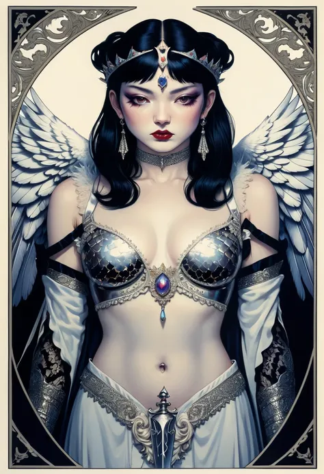 tarot card, chiaroscuro technique on sensual illustration of an queen of sword, Piercing Gaze, vintage queen, eerie, matte painting, by Hannah Dale, by Harumi Hironaka, extremely soft colors, hint of silver, highly detailed, digital artwork, high contrast,...