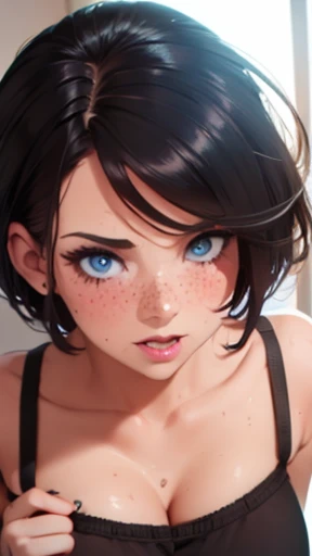 1 girl, Natural photography of a beautiful girl, wearing a loose crop top, leaning over, short hair, big bust, locks eyes into the camera, symmetrical eyes, symmetrical face,  (masterpiece) (best quality) (detailed) (8k) photorealistic, photography, path t...