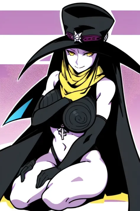 Scathach, solo, female, shin megami tensei, hat, flower tattoo, cape, gloves, white skin, breast, yellow eyes, flowing, sitting, shirt, smile, (best quality, masterpiece) 