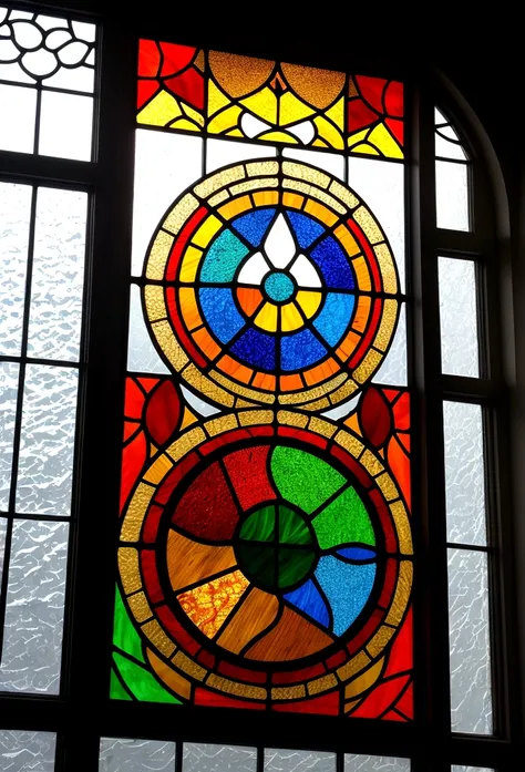 Represents the four elements: air, water, fire and earth as stained glass.