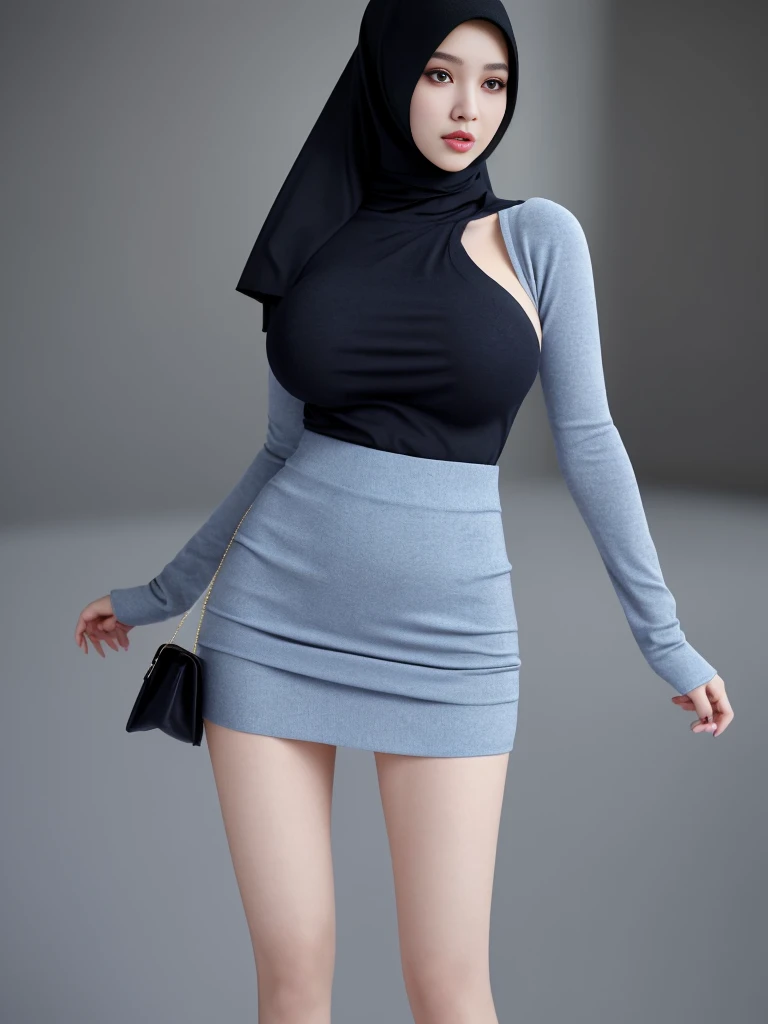 RAW, Best quality, high resolution, masterpiece: 1.3), beautiful Malay woman on hijab (iu:0.8),((big breast)), perfect nose,perfect lips, perfect eyes, detail :1.2),big breast,wearing black skirt and blue sweater, very short skirt, very short sexy skirt, w...