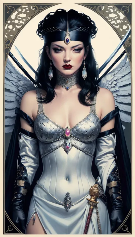 tarot card, chiaroscuro technique on sensual illustration of an queen of sword, Piercing Gaze, vintage queen, eerie, matte painting, by Hannah Dale, by Harumi Hironaka, extremely soft colors, hint of silver, highly detailed, digital artwork, high contrast,...