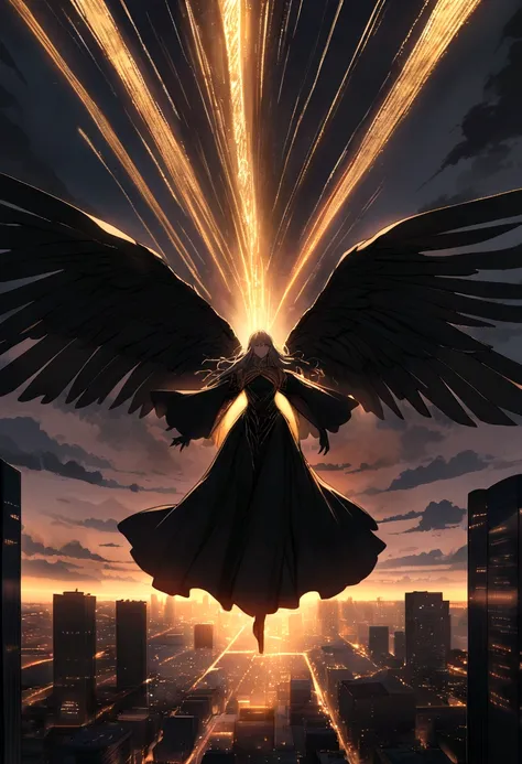 This image shows an angel woman hovering over a city at night. City lights create a golden, dramatic atmosphere, while its delicate presence and dark wings contrast with the urban environment. A mulher parece protetora e vigilante.