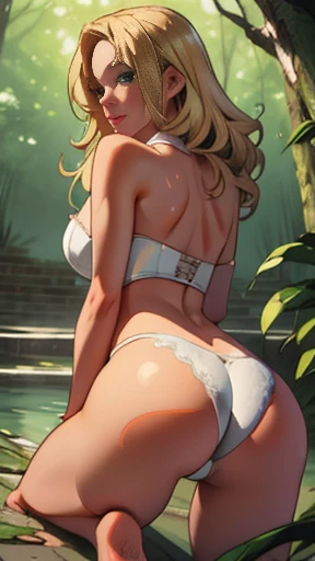 A blonde woman on all fours looking at the viewer, and a woods, wet skin, wearing a white lingerie, beautiful ass, big ass, (extremely detailed face), from behind, 8K resolution, super detailed, high quality