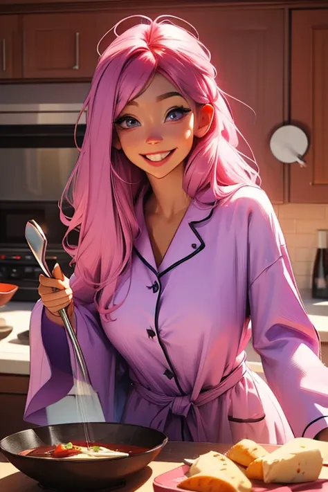 A pink haired female reaper with violet eyes and an hourglass figure in cute pajamas is cooking  in the kitchen with a smile