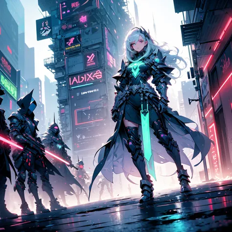 ((full body shot)) of a girl in sleek, futuristic black armor with glowing blue accents, standing in a neon-lit, dystopian cityscape. She has short, silver hair and cybernetic implants that glow with a faint blue light. Her eyes are a piercing, luminescent...