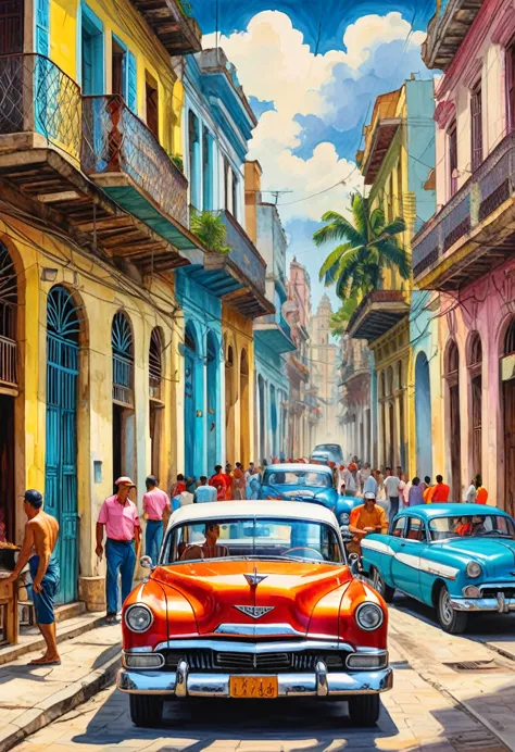 (tyndall effect art of cuba art of havana canvas of cuban art print of havana havana:1.5), by piotr jabonski,((beautiful old car...