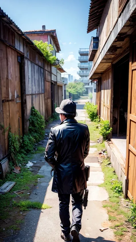 Back view of a cool spy with a gun、Abandoned Building